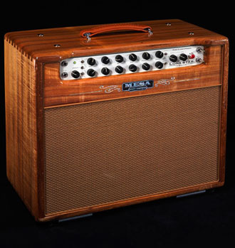 Lone Star Special with Tasmanian Blackwood cabinet and Tan Jute Grille. The inlay design is abalone with an abalone and Ebony wood MESA logo! Choose from our extensive collection of Premier and Private Reserve hardwoods, to create the custom amp you've always envisioned - with a personalized inlay! Custom Lone Star Special